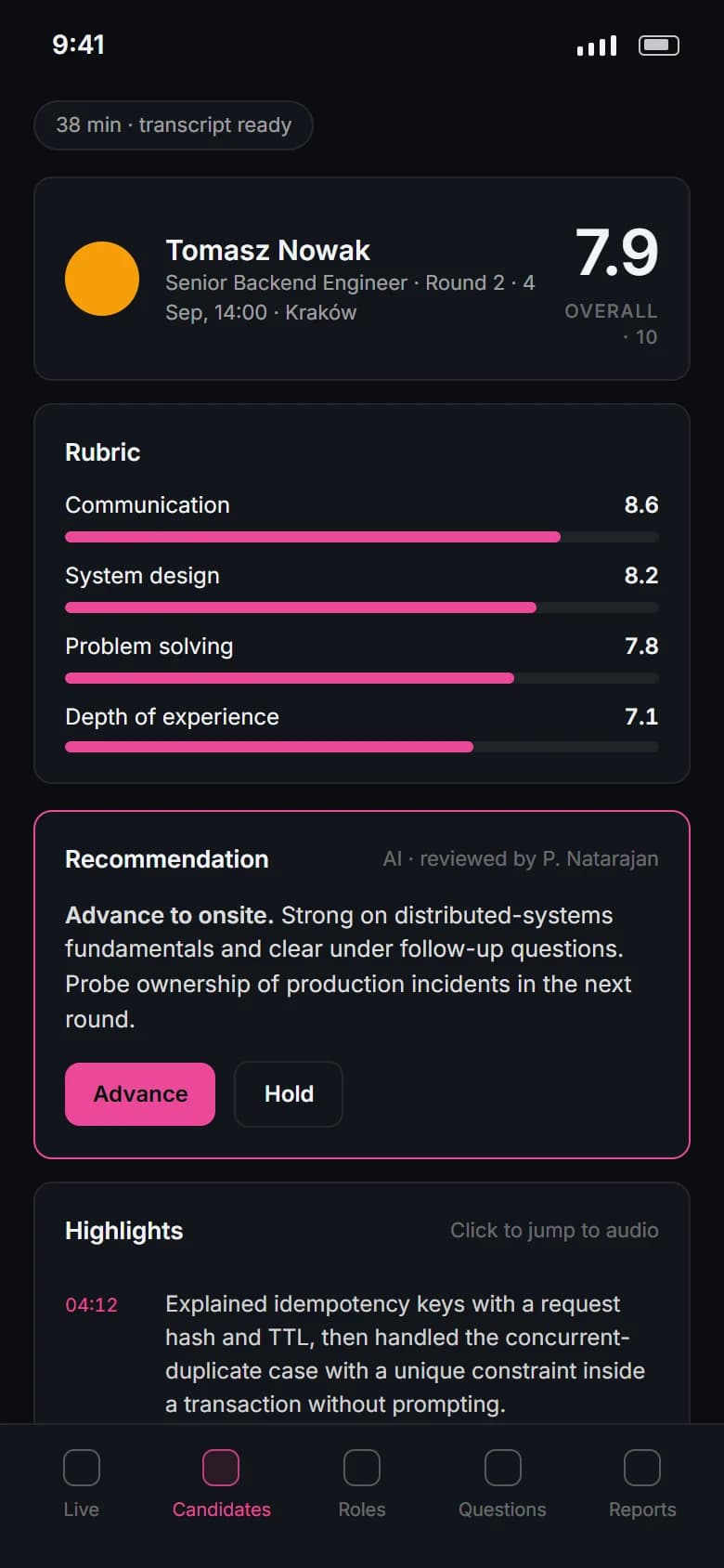 Realtime Voice Interview Assistant: Interview report on a phone