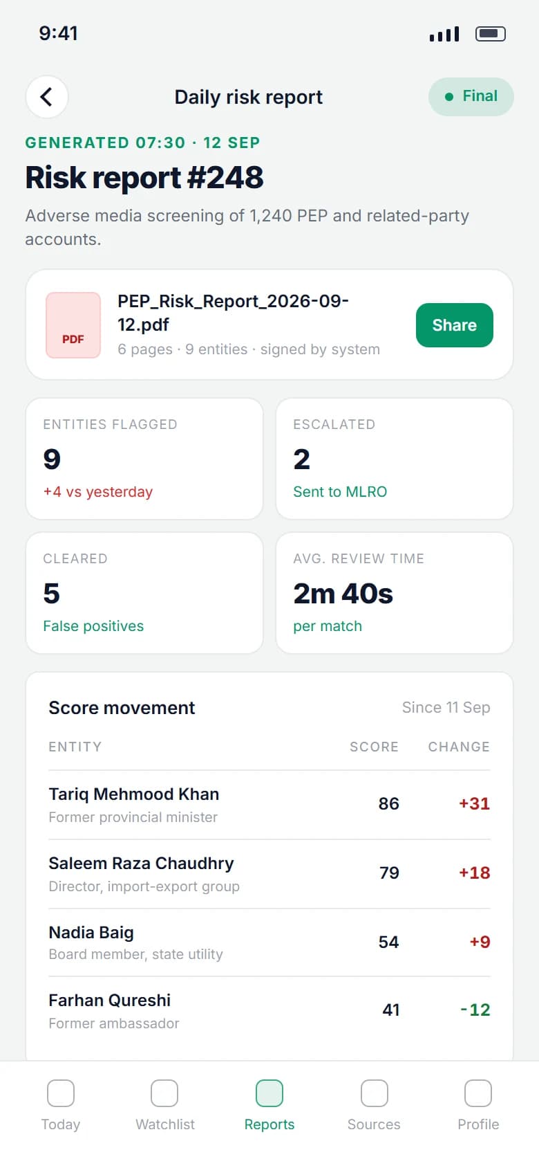 BankIslami PEP Screening: Daily risk report on a phone