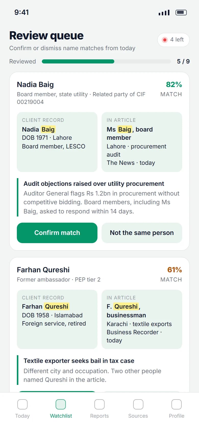 BankIslami PEP Screening: Review queue on a phone