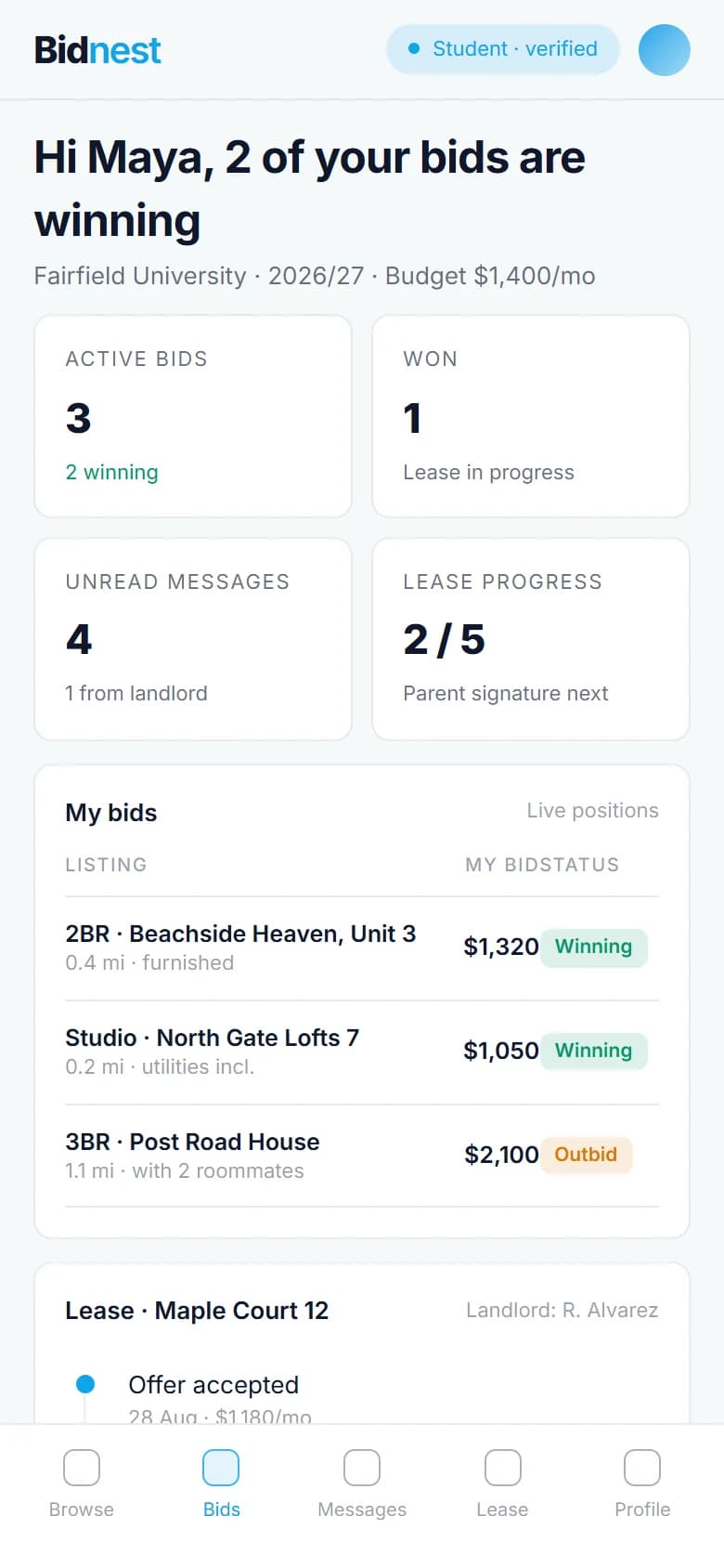 Bidnest: Student dashboard on a phone