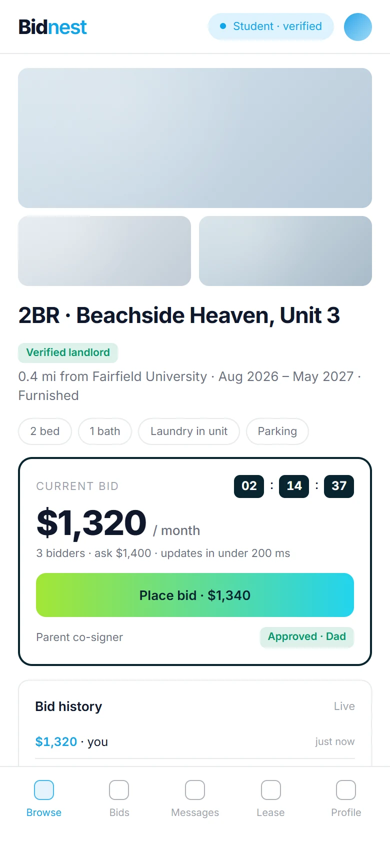 Bidnest: Listing and live bid on a phone