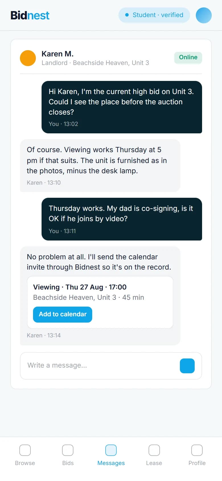 Bidnest: Messaging on a phone